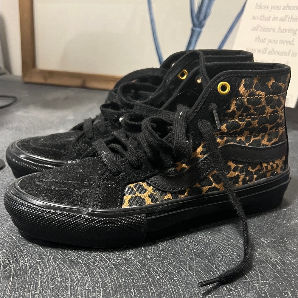 Vans Black and Leopard Print High-Top Sneakers